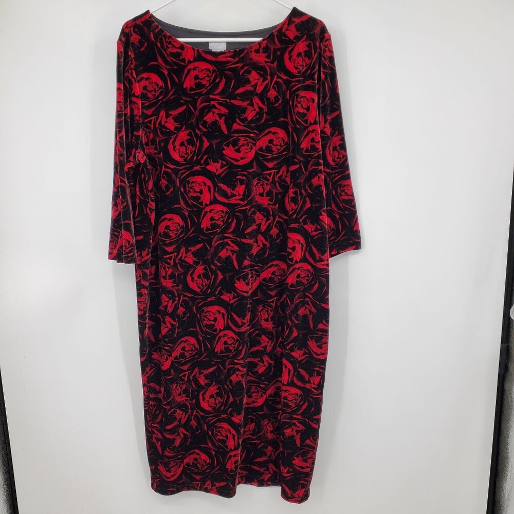 Chico's Travelers Black and Red Velvet Women's 3/4 Sleeve Rose Printed Dress 16/